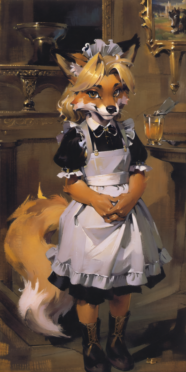 00455-1933511161-dark night,absurdres, highres, ultra detailed, masterpiece, sharp shading,cowboy shot, _fox furry girl,kid,maid,blonde,fur paws,.png